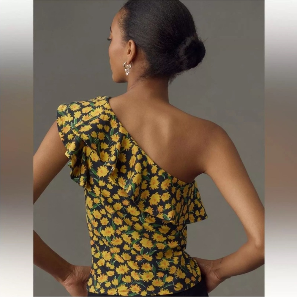 NWT Anthropologie Maeve One Shoulder Ruffled Top Yellow Floral Size Medium - Picture 2 of 10
